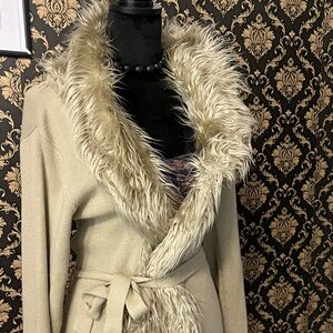 Women's Cream Faux Fur Trim Coat